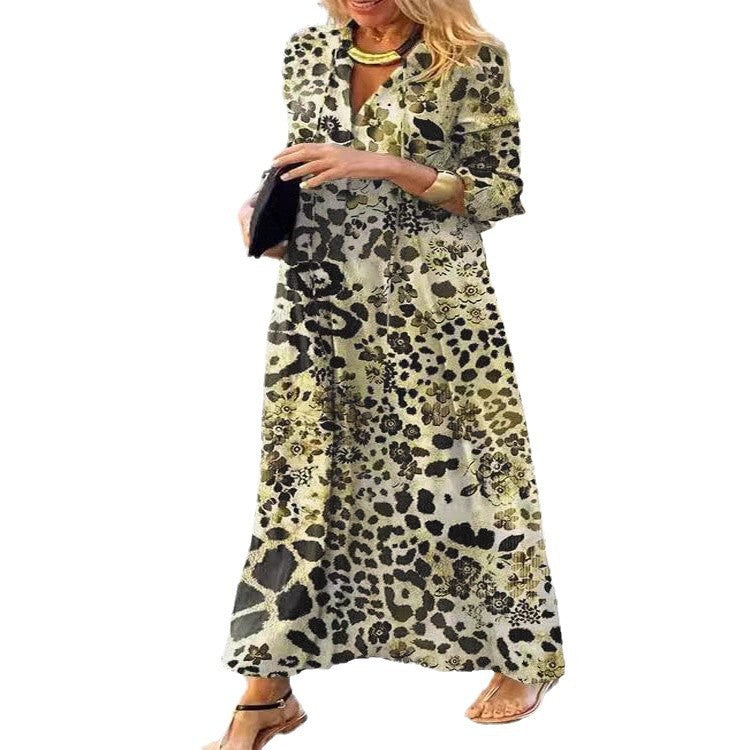 Damen Maxikleid im Hemdblusenstil mit Leopardenmuster, V-Ausschnitt und Dreiviertelärmeln – Valéora