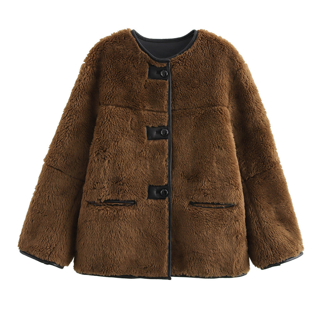 Damen Boxy-Teddyjacke im Faux-Shearling mit Rundhals, Knopfverschluss und Lederpaspeln Echoarchiv