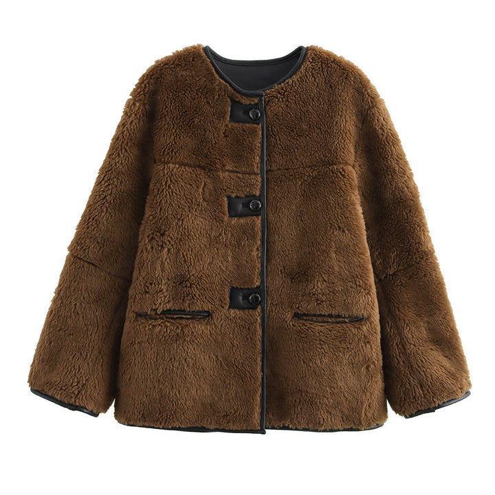 Damen Boxy-Teddyjacke im Faux-Shearling mit Rundhals, Knopfverschluss und Lederpaspeln Echoarchiv