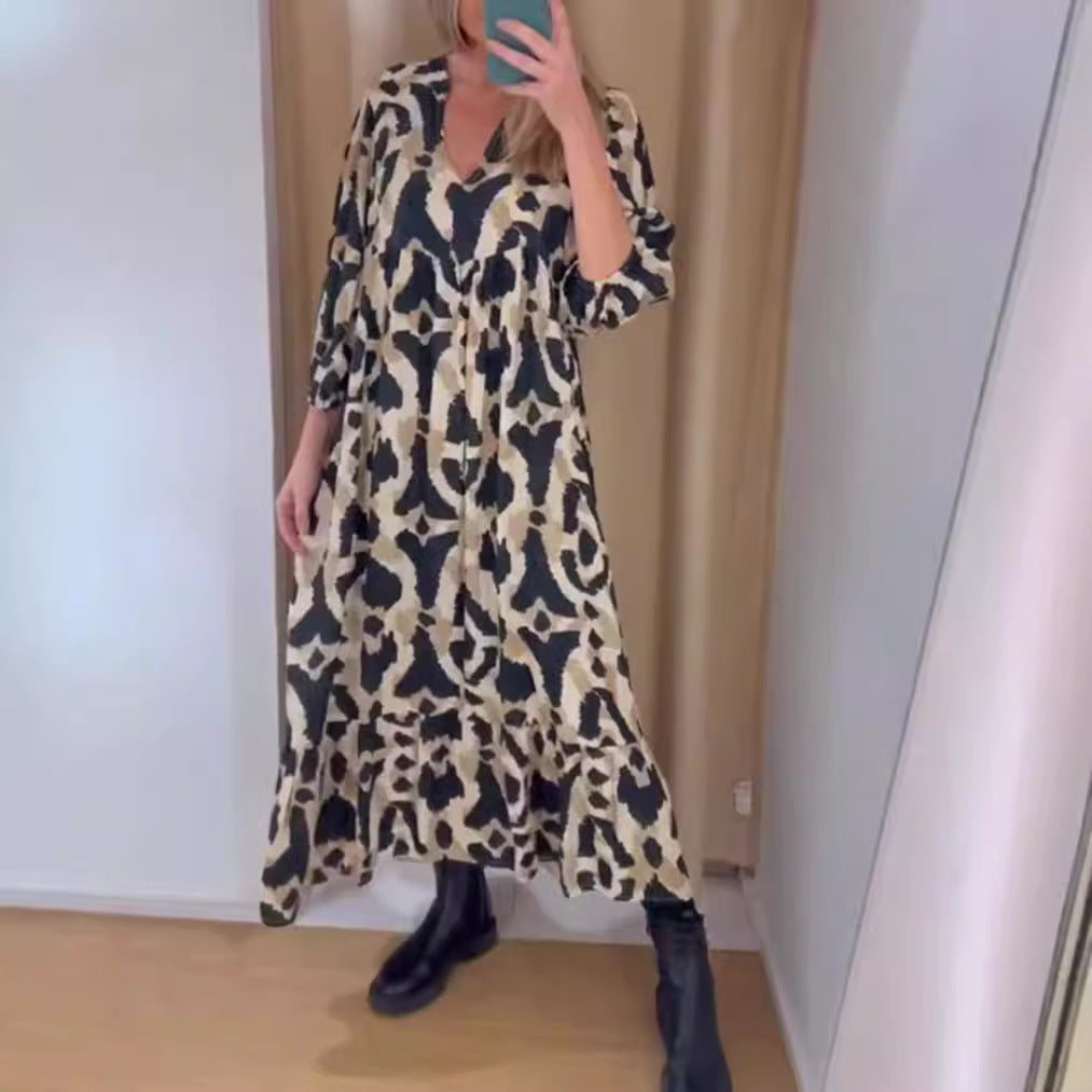 Damen nan weites Stufenmaxikleid mit V-Ausschnitt geraffter Brustpasse und Dreiviertelärmeln Echo Archiv