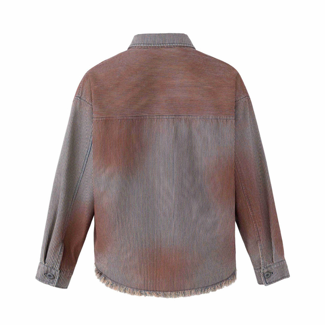 Damen Overshirt-Jacke aus gestreiftem Denim mit Fransen und Used-Details Echoarchiv
