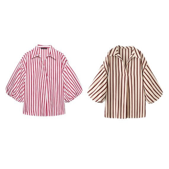 Damen Gestreifte Oversize-Bluse mit Ballonärmeln Echoarchiv