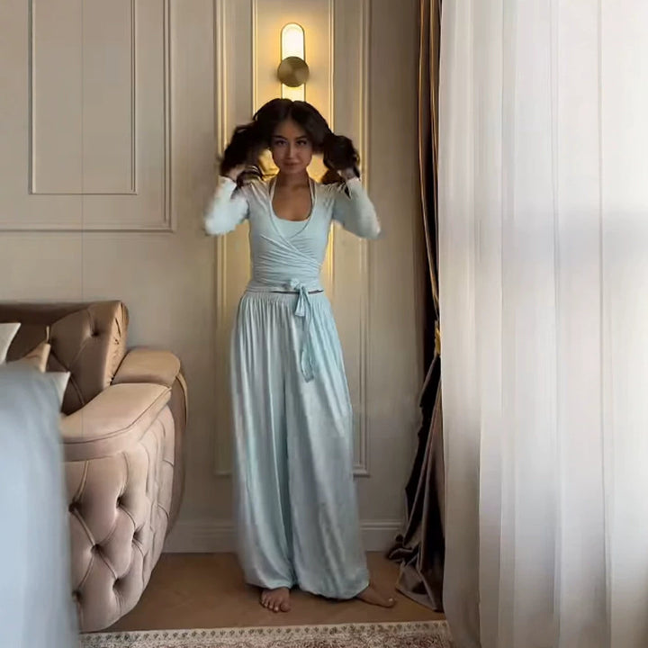 Damen Loungewear-Set mit Wickel-Cropped-Top und weiter Palazzo-Hose Echoarchiv
