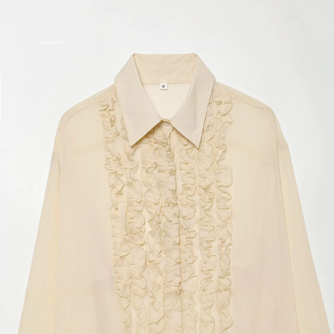 Damen Rüschengesäumte Chiffonbluse mit verdeckter Knopfleiste und übergroßem Hemdkragen Echo Archiv