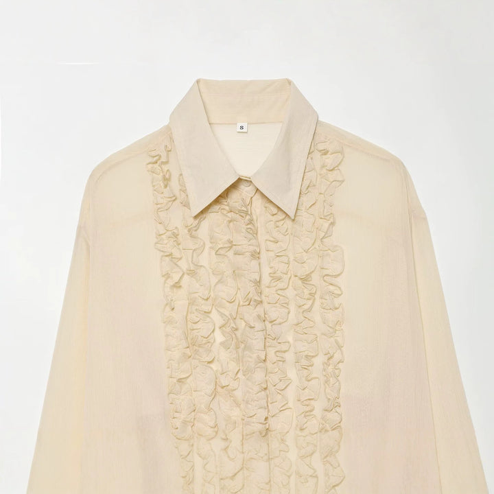Damen Rüschengesäumte Chiffonbluse mit verdeckter Knopfleiste und übergroßem Hemdkragen Echo Archiv