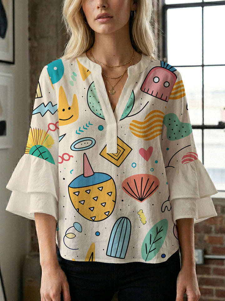 Damen modisches Oberteil mit Rüschendetails und kreativem Muster Echo Archiv