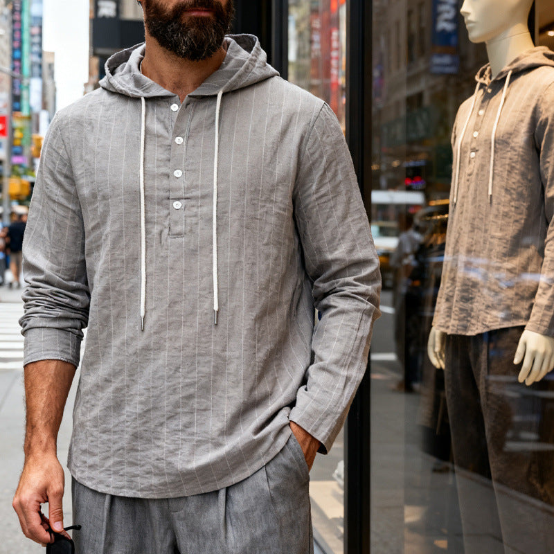 Herren nan Kapuzenshirt aus Leinenmix mit halber Knopfleiste und Nadelstreifen Echo Archiv