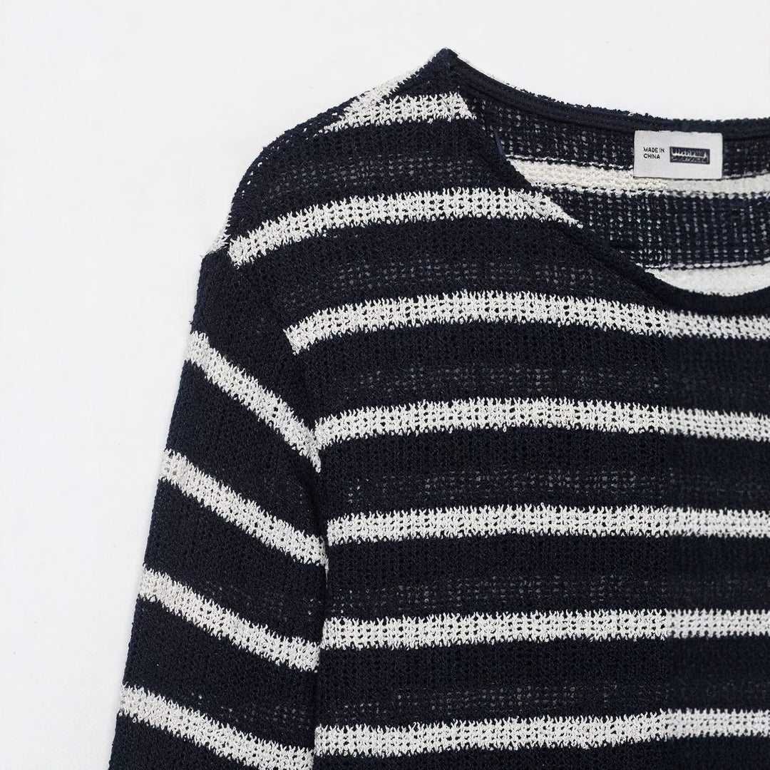 Damen Gestreifter Strick-Henleypullover mit Knopfleiste und Leichtstruktur Echo Archiv