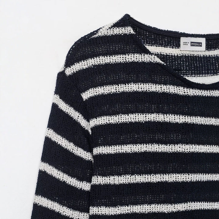 Damen Gestreifter Strick-Henleypullover mit Knopfleiste und Leichtstruktur Echo Archiv