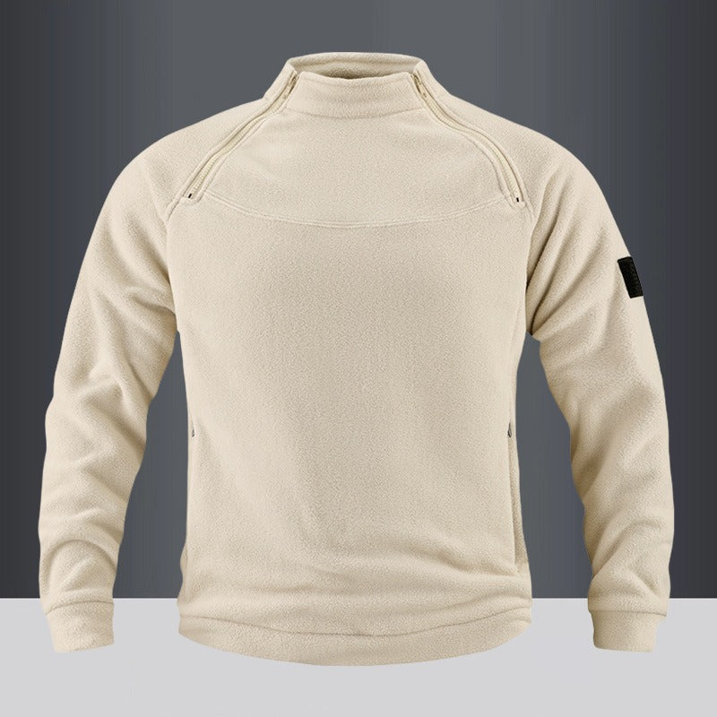 Herren taktischer Fleece-Pullover mit Schulterreißverschlüssen, Kinnschutz und Klettverschlussplatte – Marzano