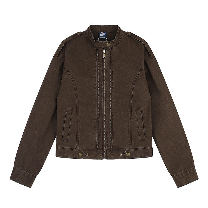 Damen Kurz geschnittene Utility-Jacke mit Stehkragen und Schulterklappen Echoarchiv