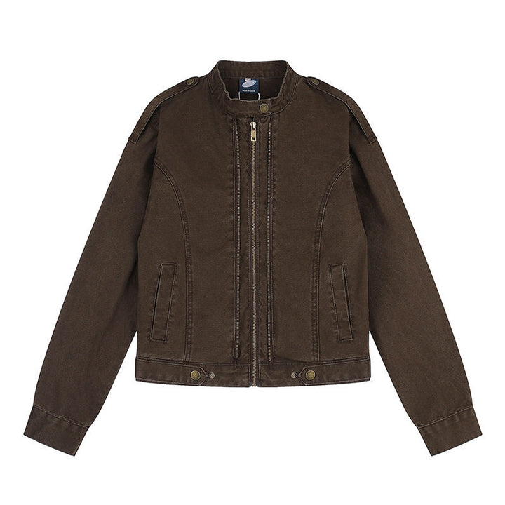 Damen Kurz geschnittene Utility-Jacke mit Stehkragen und Schulterklappen Echoarchiv