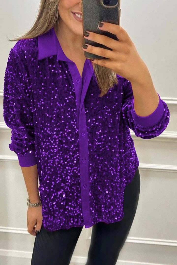 Damen Glitzernde Bluse aus Pailletten mit klassischem Kragen Echoarchiv