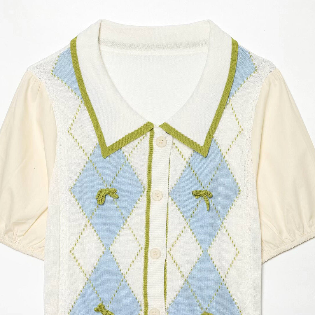 Damen Kurzarm-Pulloverjacke mit Argyle-Strickfront, Bubikragen und Puffärmeln Echo Archiv