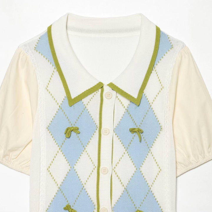 Damen Kurzarm-Pulloverjacke mit Argyle-Strickfront, Bubikragen und Puffärmeln Echo Archiv
