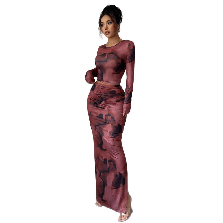 Damen nan zweiteiliges figurbetontes Set aus elastischem Mesh mit langärmligem Crop-Top, Daumenloch und gerafftem Midirock Echo Archiv