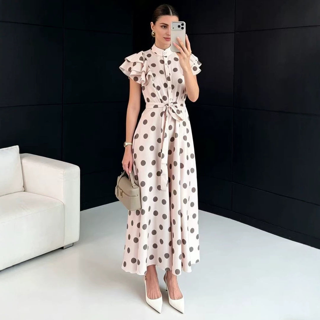 Damen Gepunktetes Maxikleid mit Stehkragen, Volantärmeln und Bindegürtel – Valéora