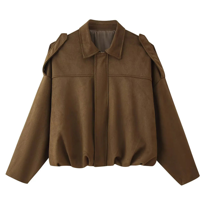 Damen kurz geschnittene Oversized-Blousonjacke mit Schulterklappen, verdeckter Frontleiste und elastischem Kordelsaum – Célinea
