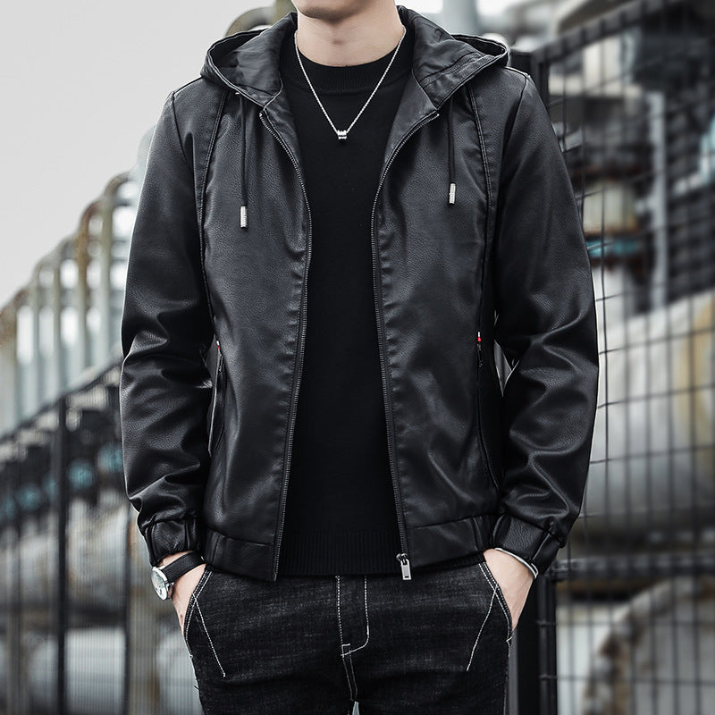 Herren Modische Kunstlederjacke mit verstellbarer Kapuze Echo Archiv