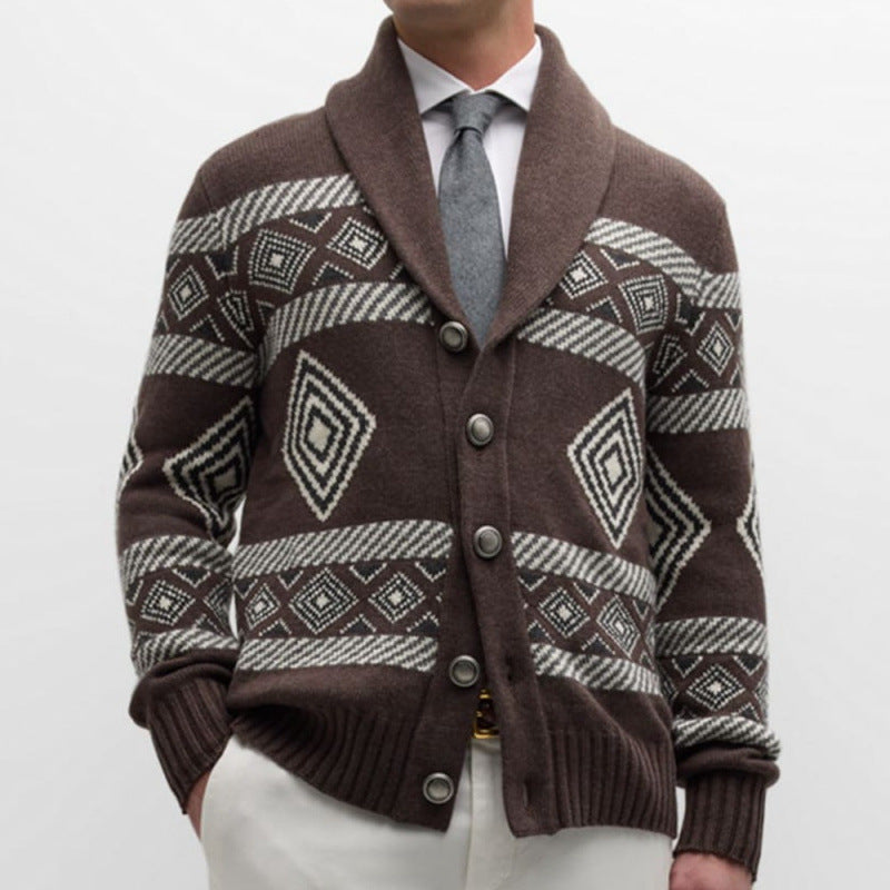 Herren Strickjacke mit modernem grafischen Muster und klassischem Kragen Echoarchiv