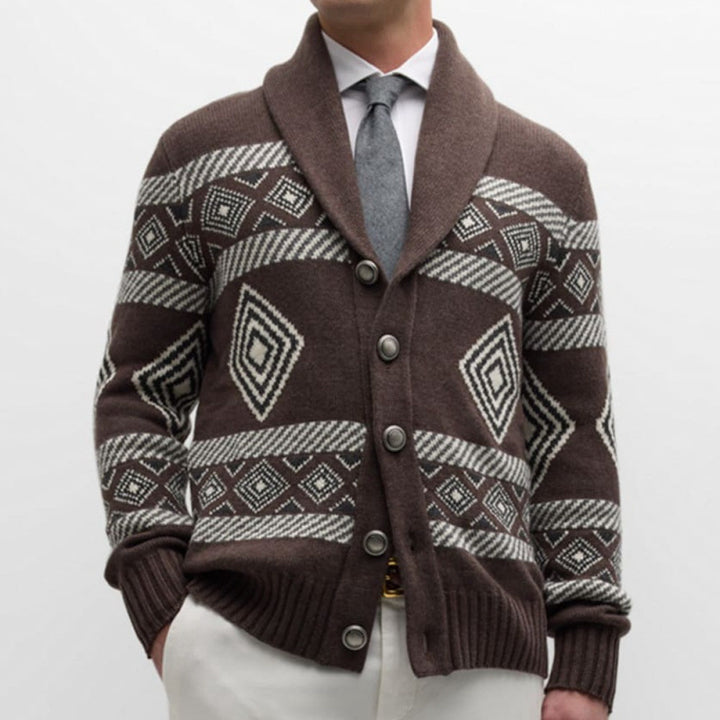 Herren Strickjacke mit modernem grafischen Muster und klassischem Kragen Echoarchiv