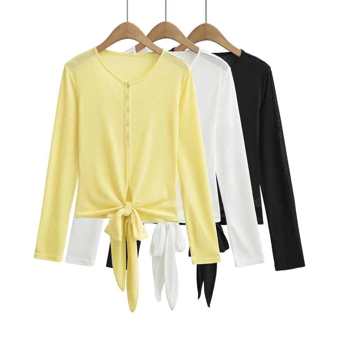 Damen Langarm-Henley-Top mit Knotenfront und Knopfleiste Echoarchiv