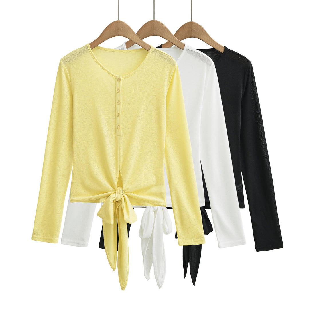 Damen Langarm-Henley-Top mit Knotenfront und Knopfleiste Echoarchiv