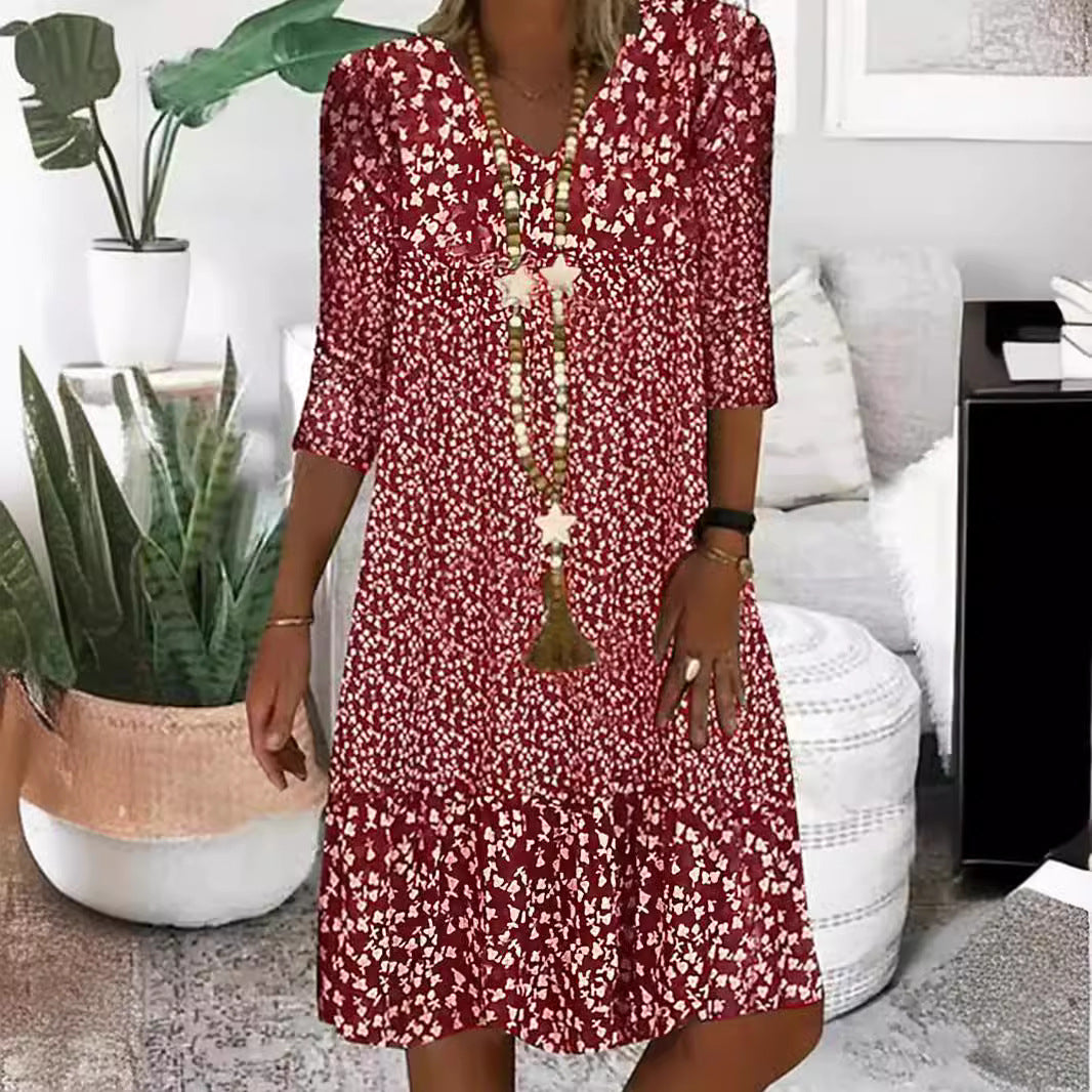Damen Lockeres Midi-Kleid im Boho-Stil mit V-Ausschnitt, Dreiviertelärmeln und gestuftem Saum – Élara