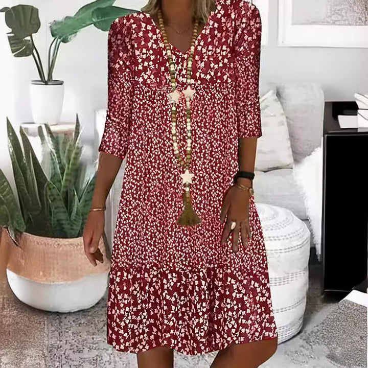 Damen Lockeres Midi-Kleid im Boho-Stil mit V-Ausschnitt, Dreiviertelärmeln und gestuftem Saum – Élara