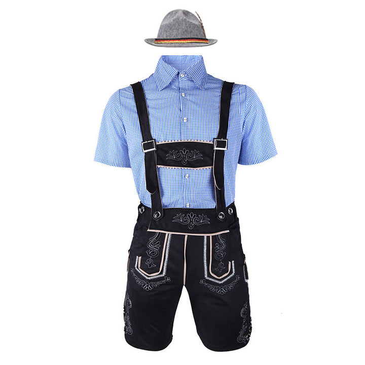 Herren nan traditionelle Trachtenlederhose mit bestickten Hosenträgern, kariertem Trachtenhemd und Filzhut Echo Archiv