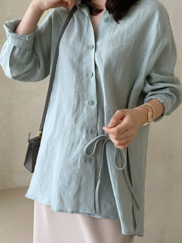 Damen Locker geschnittene Leinen‑Hemdbluse mit Stehkragen, Tunnelzug‑Taille und durchgehender Knopfleiste – Élovi