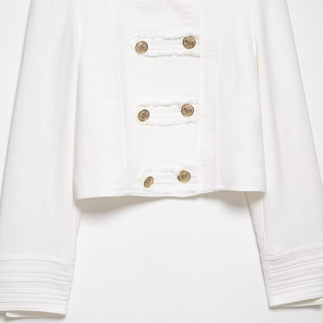 Damen Kurzjacke im Marine‑Stil mit doppelreihiger Zierknopfleiste und Stehkragen Echoarchiv