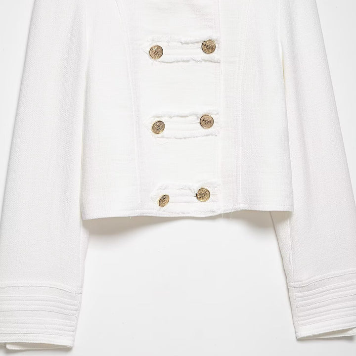 Damen Kurzjacke im Marine‑Stil mit doppelreihiger Zierknopfleiste und Stehkragen Echoarchiv