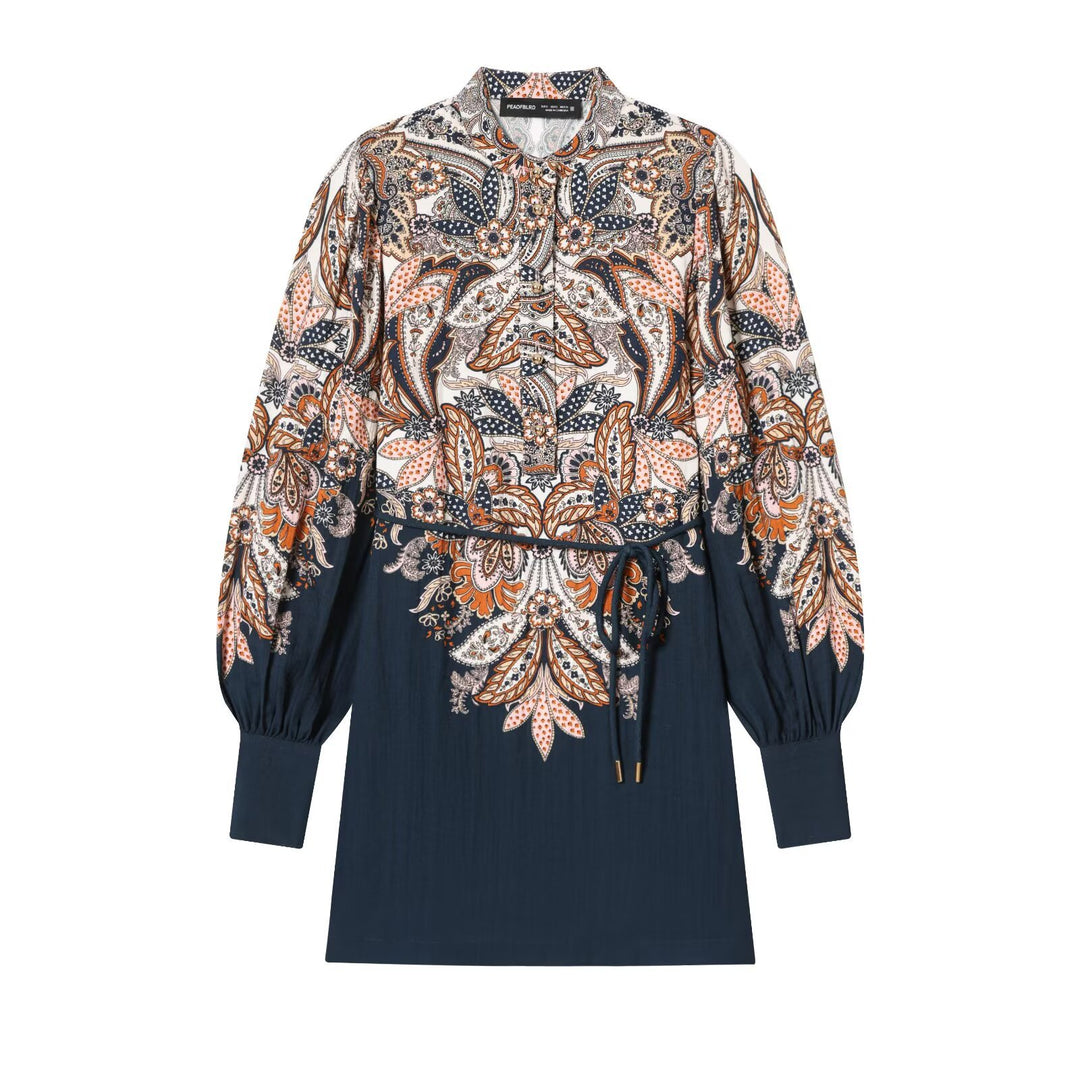 Damen Boho-Tunika‑Midikleid mit Paisley‑Print, Ballonärmeln und Tunnelzug Echoarchiv
