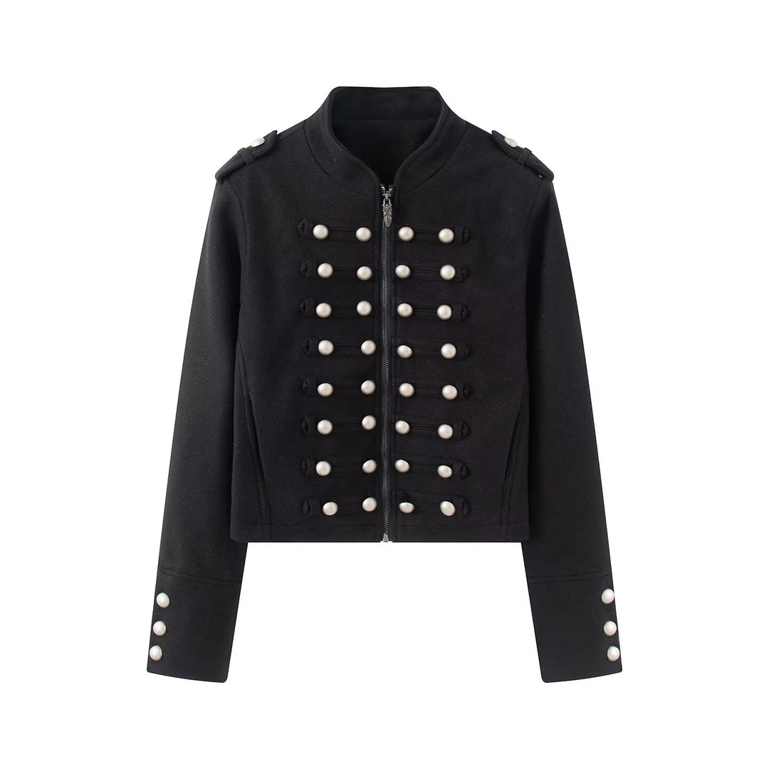 Damen Kurzgeschnittene Militärjacke mit Perlenbesatz und Stehkragen Echoarchiv