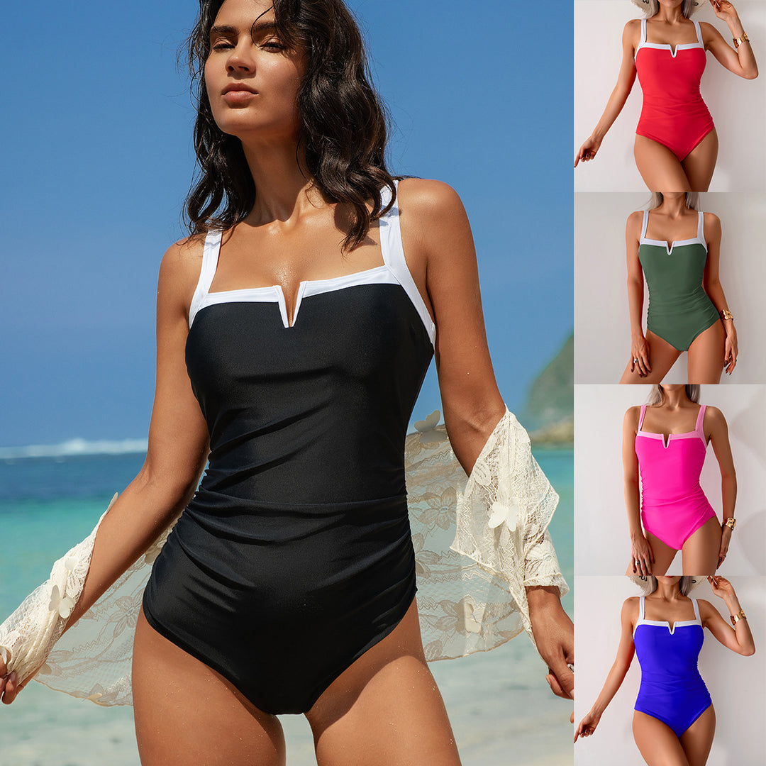 Damen Eleganter Einteiler Badeanzug mit V-Ausschnitt und feinen Kontrastdetails Echo Archiv