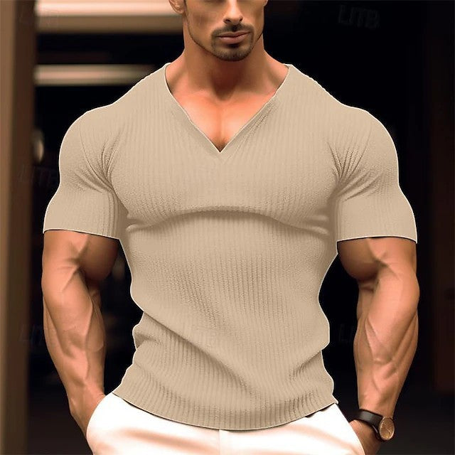 Herren körperbetontes V-Ausschnitt T-Shirt aus atmungsaktivem Baumwollmix Echoarchiv