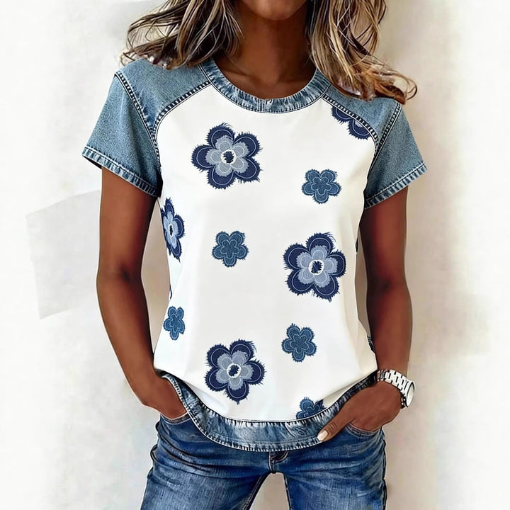 Damen Kurzarmshirt mit Jeans-Einsätzen und Teddy-Patchprint Echo Archiv