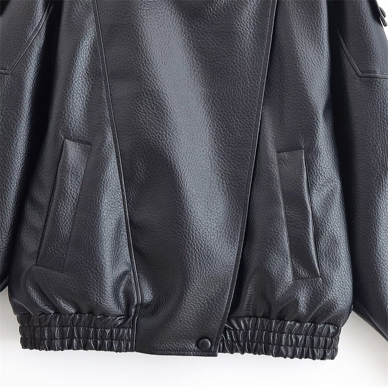 Damen Lederjacke mit hohem Stehkragen und asymmetrischer Druckknopfleiste Echo Archiv