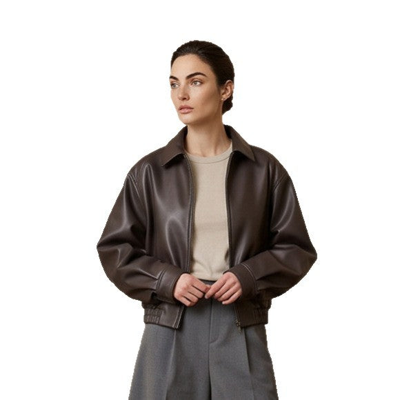 Damen Boxy-Cropped Kunstlederjacke mit verdecktem Reißverschluss und elastischem Saum Echoarchiv