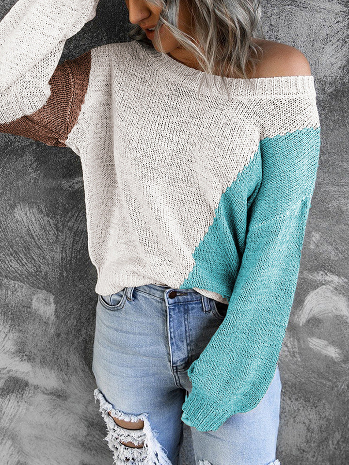 Damen Oversize Strickpullover mit Carmenausschnitt und Colorblock-Design Echoarchiv
