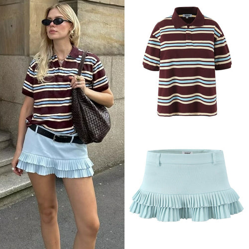 Damen Lässiges Langarm-Poloshirt mit Streifenmuster und Rippbündchen Echo Archiv