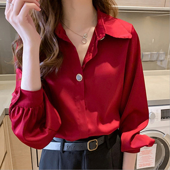 Damen Elegante Seidenoptik Hemdbluse mit übergroßem Kragen und Ballonärmeln – Élovi