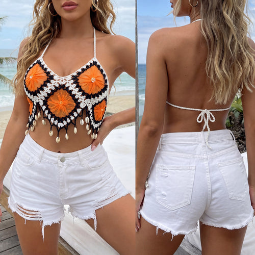 Damen Bohemian Cropped Top mit einzigartigen Häkelverzierungen Echo Archiv