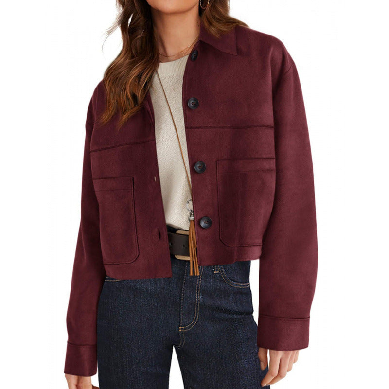 Damen kurze Wildleder-Optik Jacke mit aufgesetzten Taschen und Hemdkragen Echo Archiv