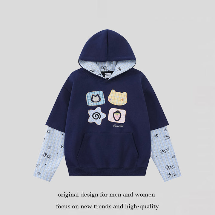 Damen Kapuzensweatshirt mit Lagenoptik, Kängurutasche und verspielten Patch‑Applikationen Echoarchiv