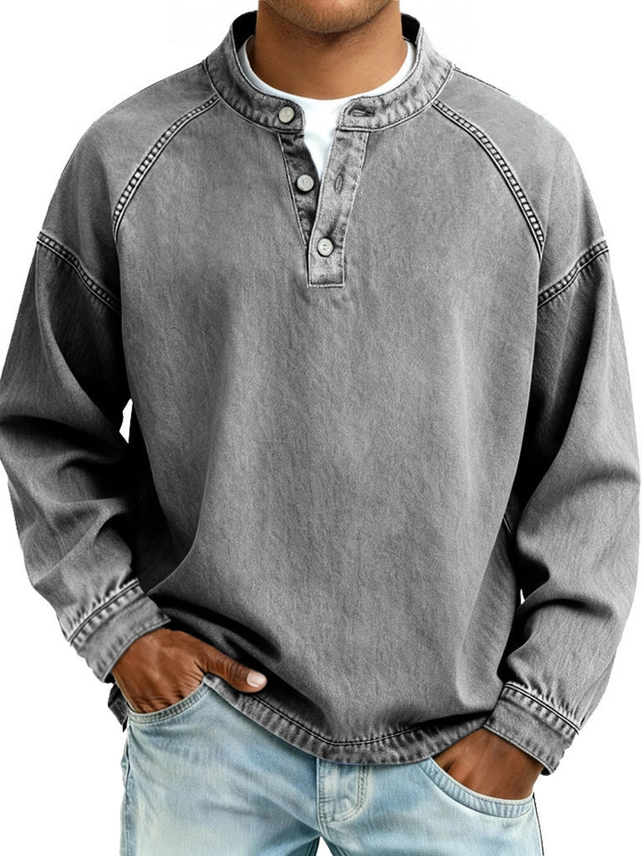 Herren verwaschenes Henley-Shirt mit Stehkragen, lockerer Passform und Knopfleiste – Marzano