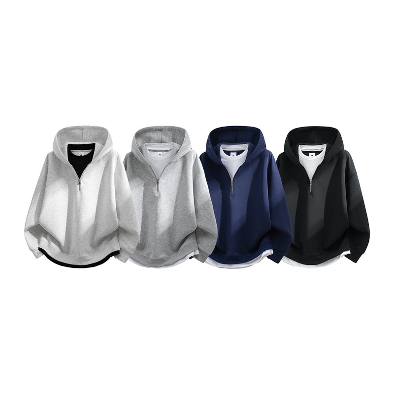 Unisex Oversize-Halbzip-Kapuzenpullover mit Lagen‑Optik, gerundetem Saum & gerippten Bündchen Echoarchiv