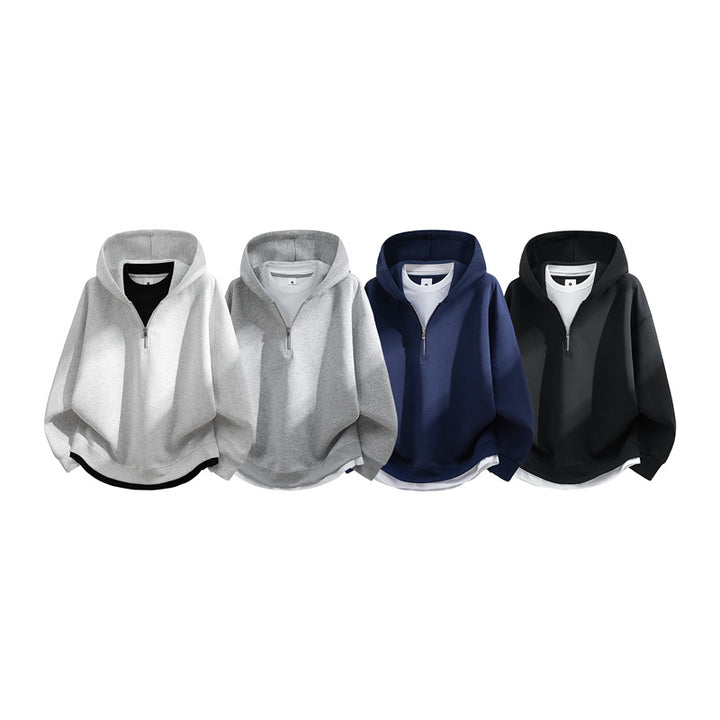 Unisex Oversize-Halbzip-Kapuzenpullover mit Lagen‑Optik, gerundetem Saum & gerippten Bündchen Echoarchiv