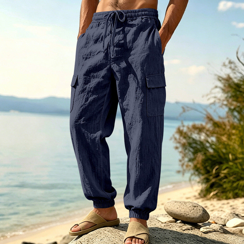 Herren nan leichte Cargo-Joggerhose aus Leinenmischung mit elastischem Tunnelzugbund, aufgesetzten Klappentaschen und gerippten Beinabschlüssen Echo Archiv